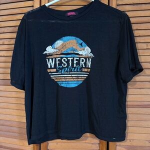 Rock & Roll Western Spirit Crop Tee - Black with Blue & Tan Graphic
